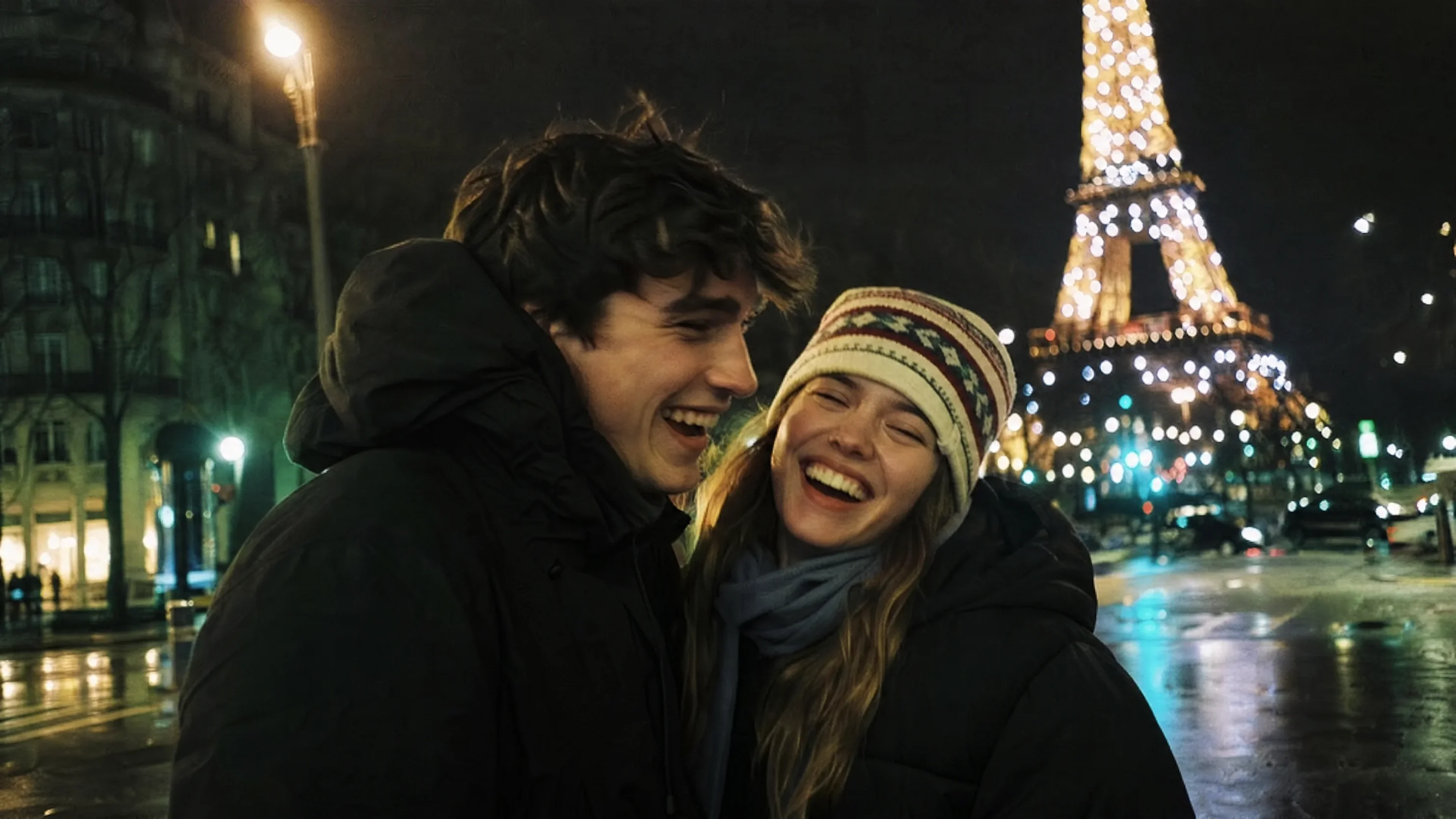 Young couple laughing together on a winter night in Paris with the illuminated Eiffel Tower behind them.