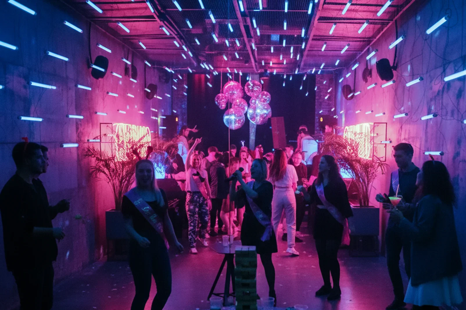 Group dancing at a neon-lit indoor party with disco balls, sashes and pink and blue lighting.
