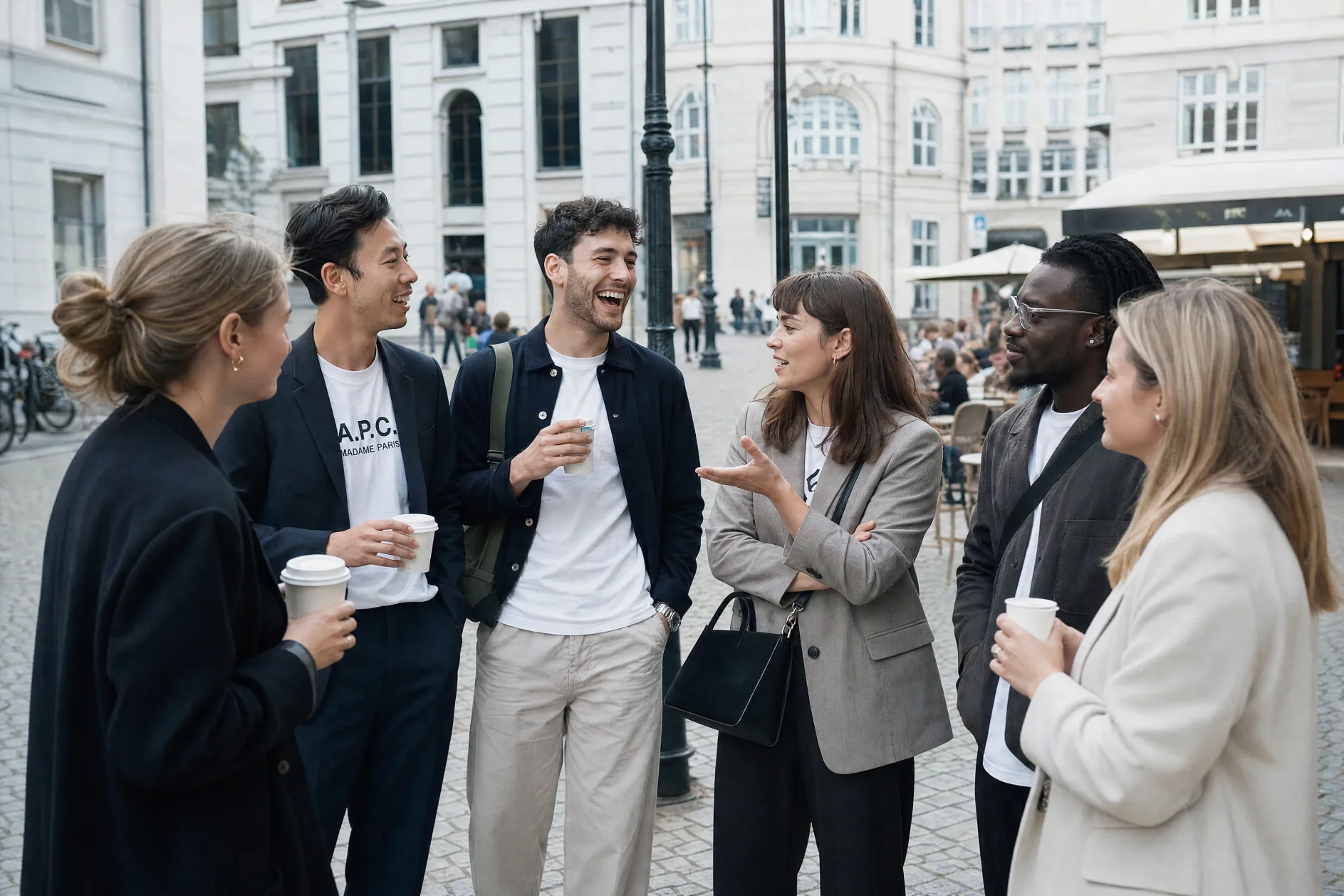 Group of young professionals chatting and laughing with coffees in a European city square.