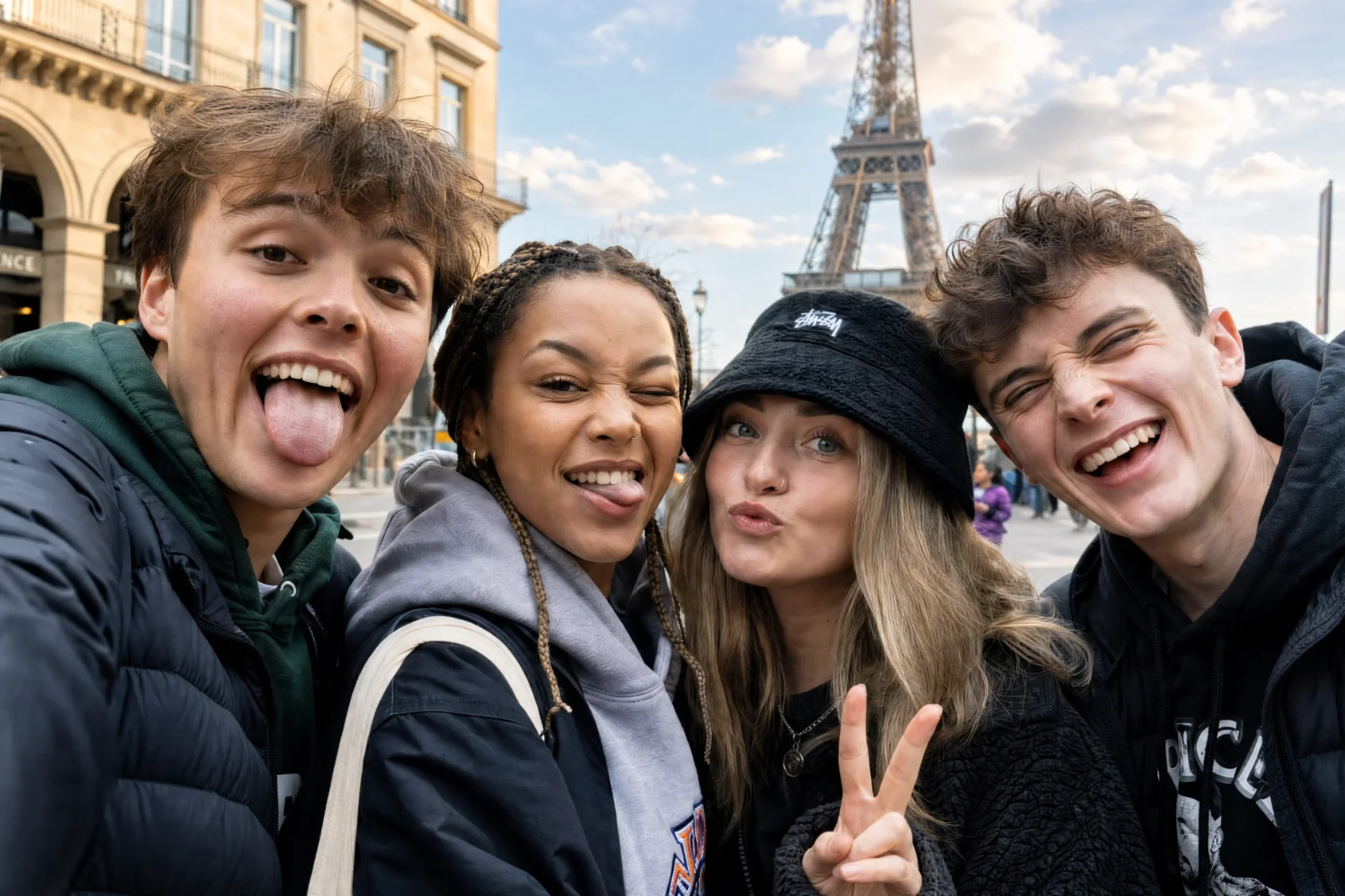 Friends taking a selfie together in front of the Eiffel Tower.