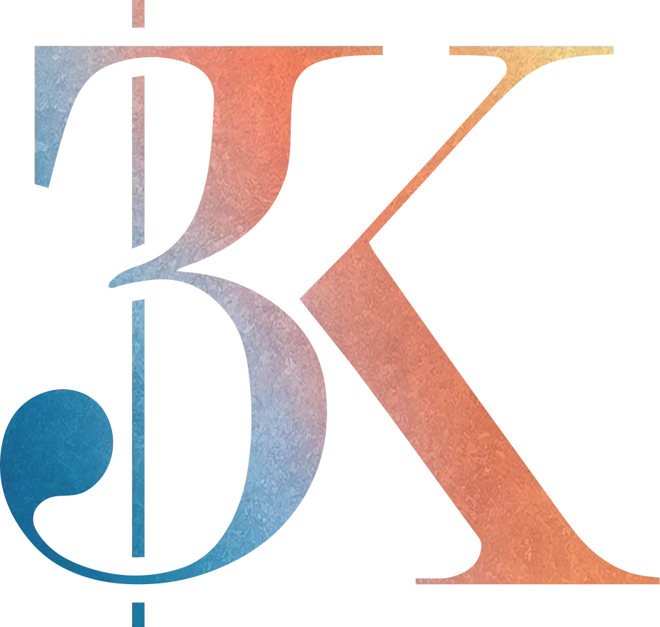 Stylized letters B and K merged with a gradient fill from blue to orange on a transparent background.