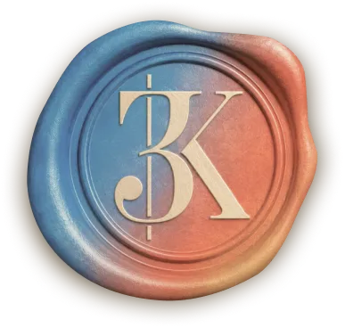 Blue and red wax seal with intertwined stylized letters B and K embossed in the center.