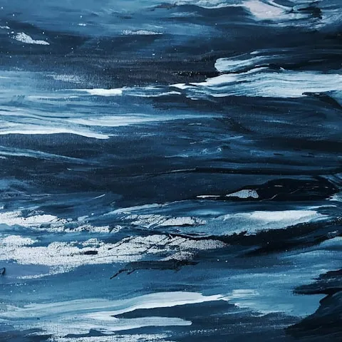 Abstract blue and white painting with flowing, wave-like brushstrokes resembling water or sky.