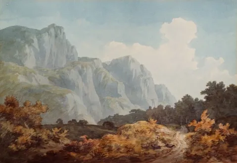 Painting of rocky mountains with autumn-colored trees and a dirt path under a cloudy sky.