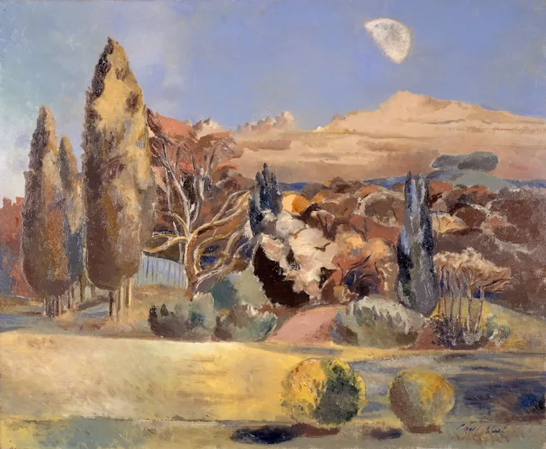 Impressionist painting of tall trees and bushes under a blue sky with a visible moon.