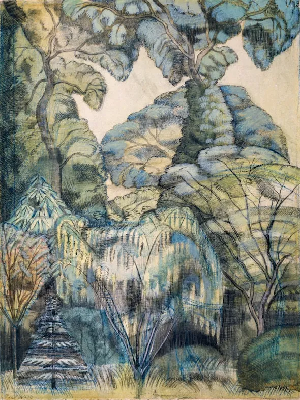 Abstract forest scene with various trees and foliage in muted green, blue, and tan hues.