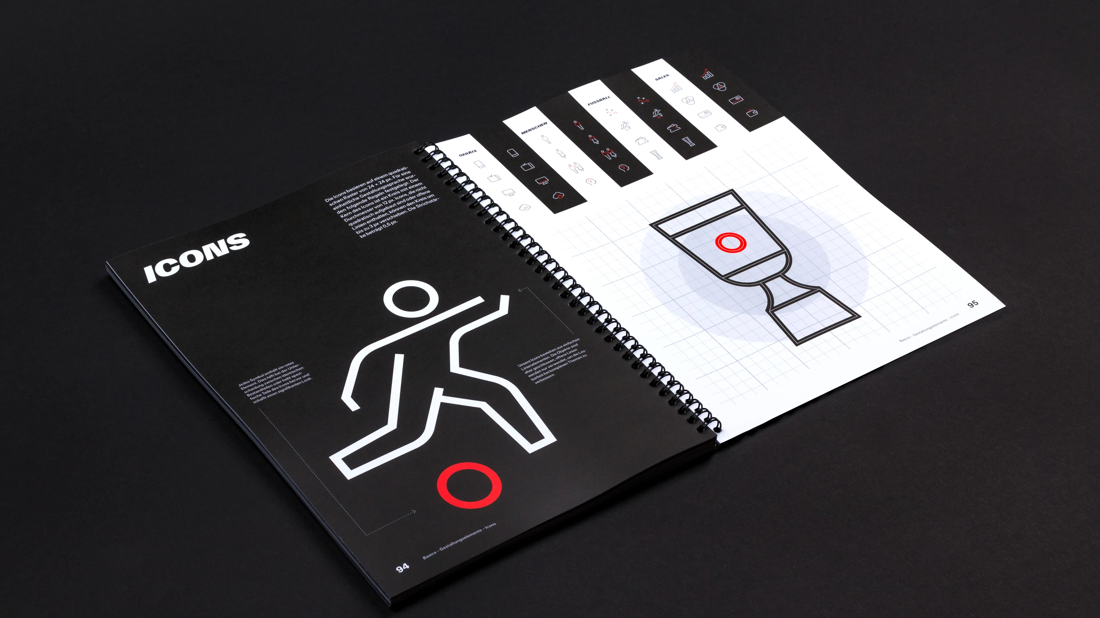 Eintracht Frankfurt Brandbook Icon Doppelseite. Zu sehen ist auf der linken Seite das Icon für den Männer-Fussball. Rechts sieht man ein Pokal-Icon.