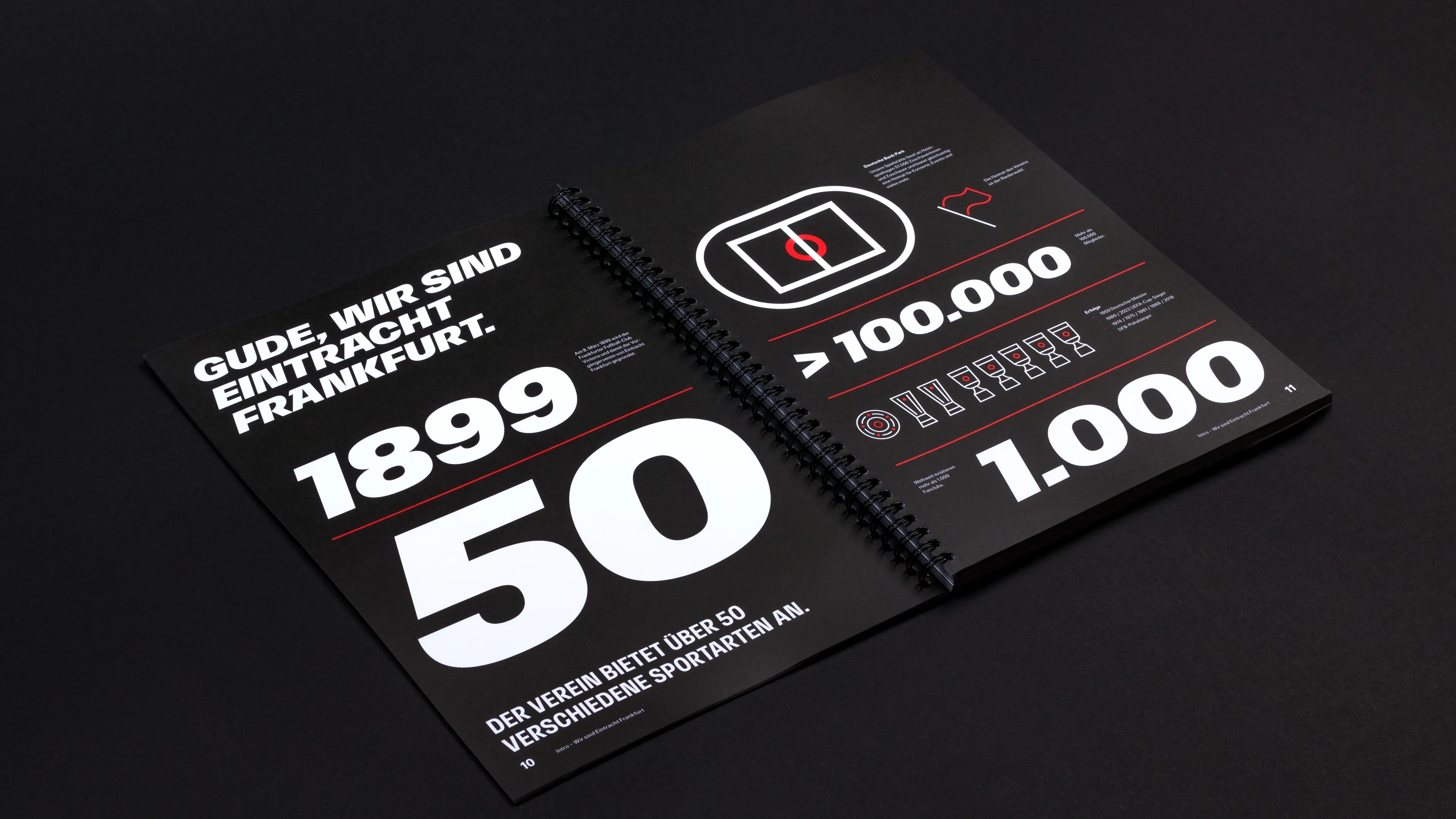 Eintracht Frankfurt Brandbook Fakten Doppelseite. Auf der Doppelseite werden wichtige Fakten und Zahlen des Vereins grafisch dargestellt.