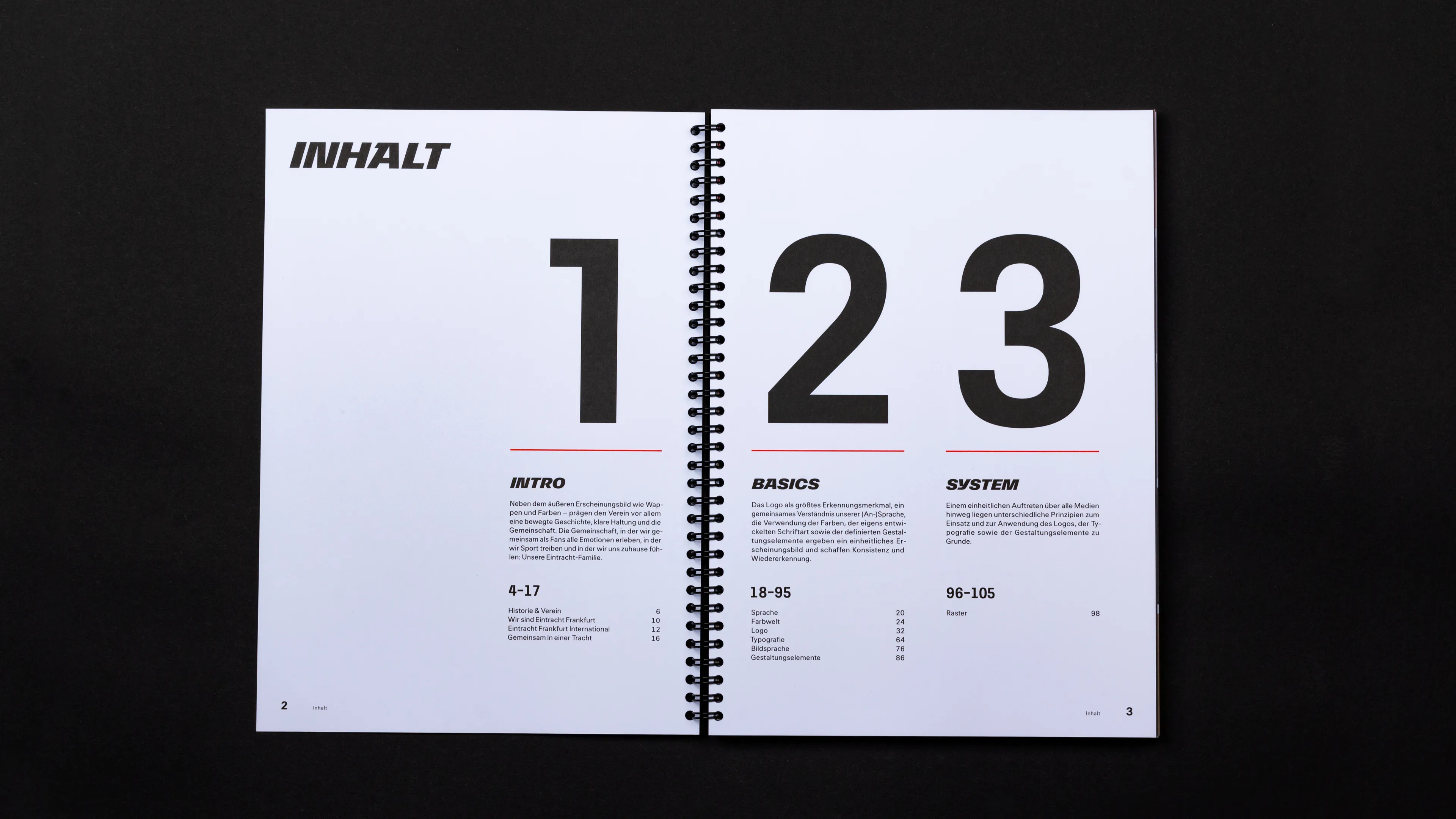 Eintracht Frankfurt Brandbook Inhalts Doppelseite. Zu sehen ist das Inhaltsverzeichnes des Brandbooks. 