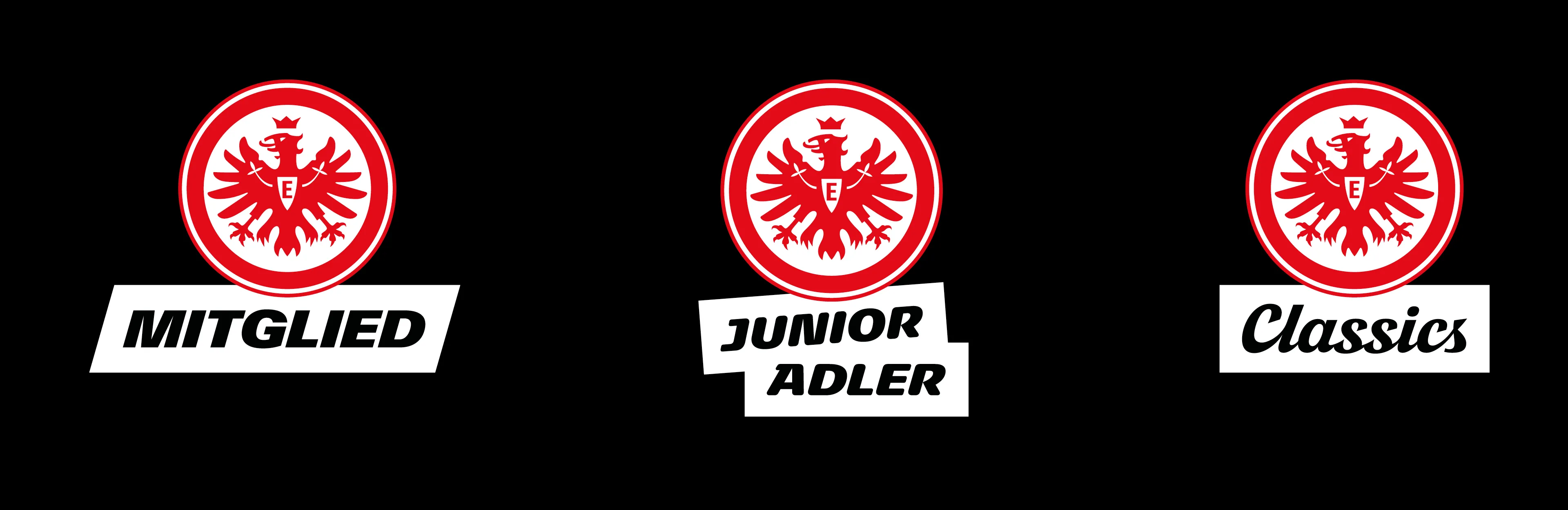 Zu sehen sind die drei Subbrand-Logos für "Eintracht Mitglieder", "Eintracht Junior Adler" und "Eintracht Classics". Alle drei Logos bestehen aus dem Eintracht Wappen und dazu passender Typografie darunter.