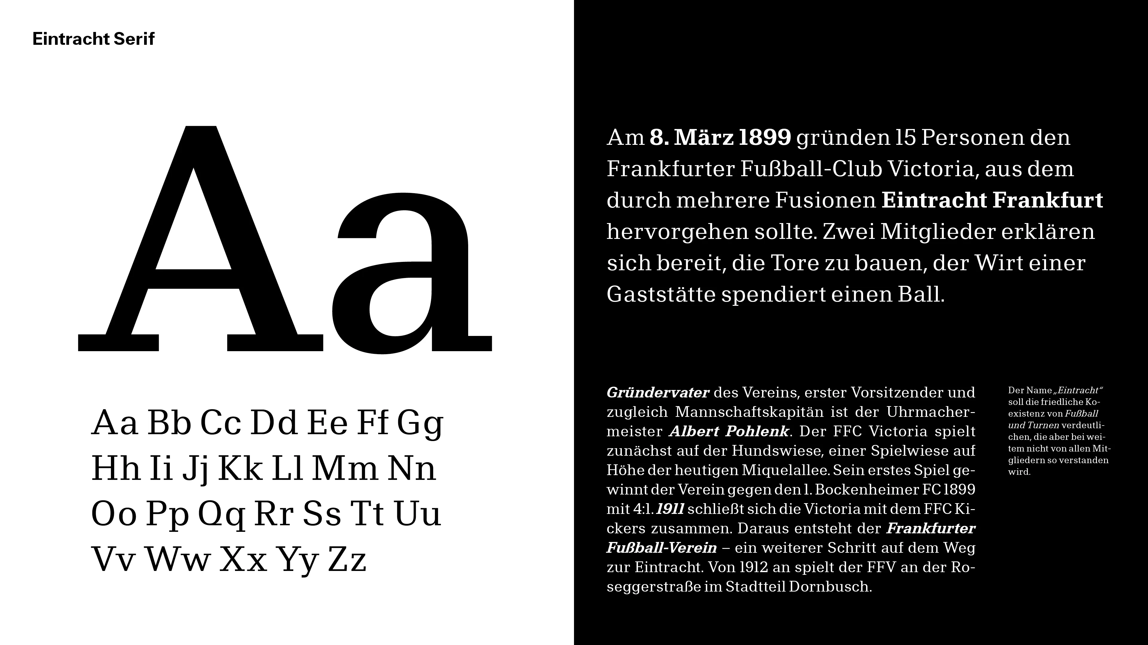 Zu sehen ist eine Übersicht der Eintracht-Serif. Auf der linken Seite sieht man das gesamte Alphabet. Auf der rechten Seite stehen beispielhaft gesetzte Texte in verschiedenen Größen.