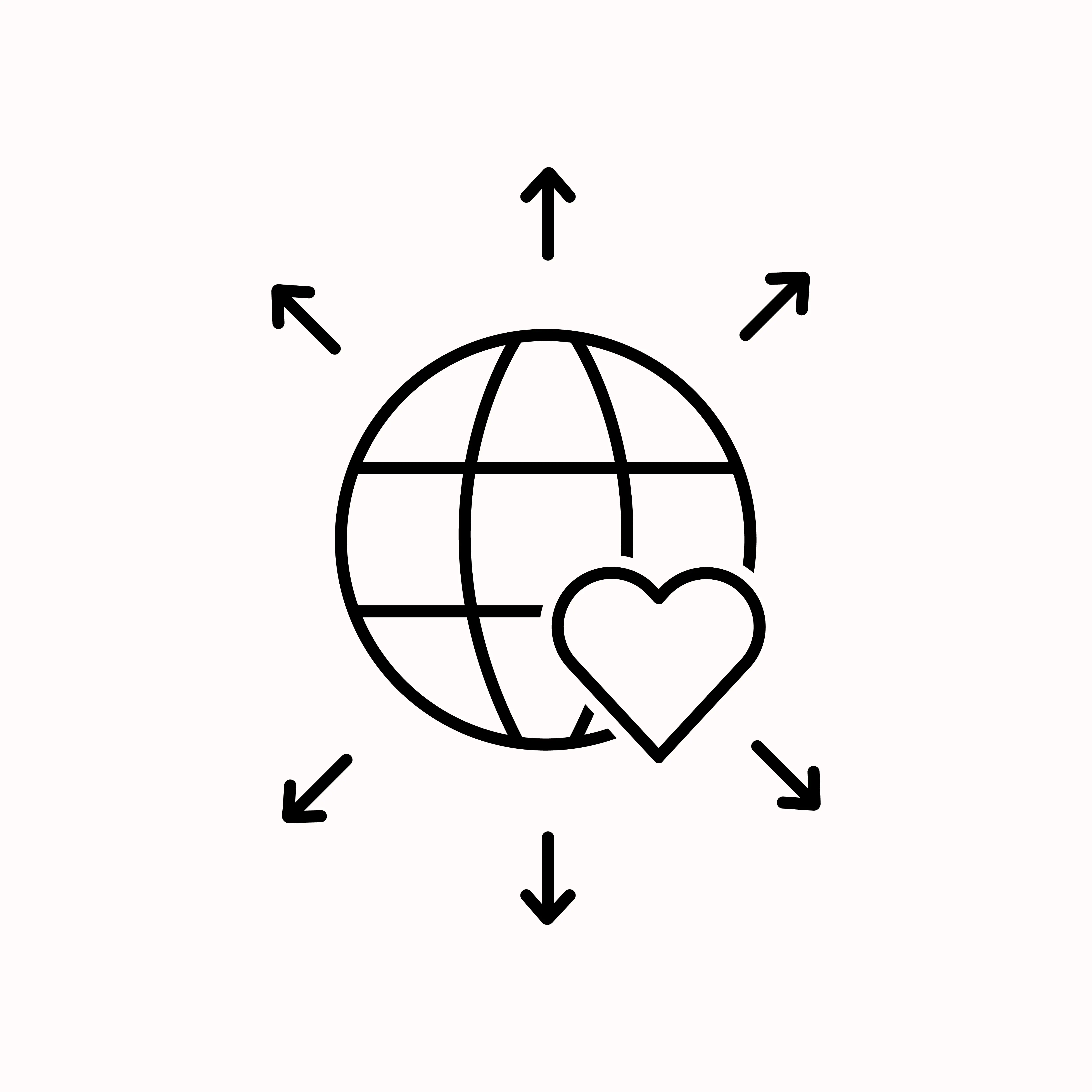 Ein Icon das eine Weltkugel, ein Herz und nach außen strebende Pfeile rund um den Globus kombiniert.