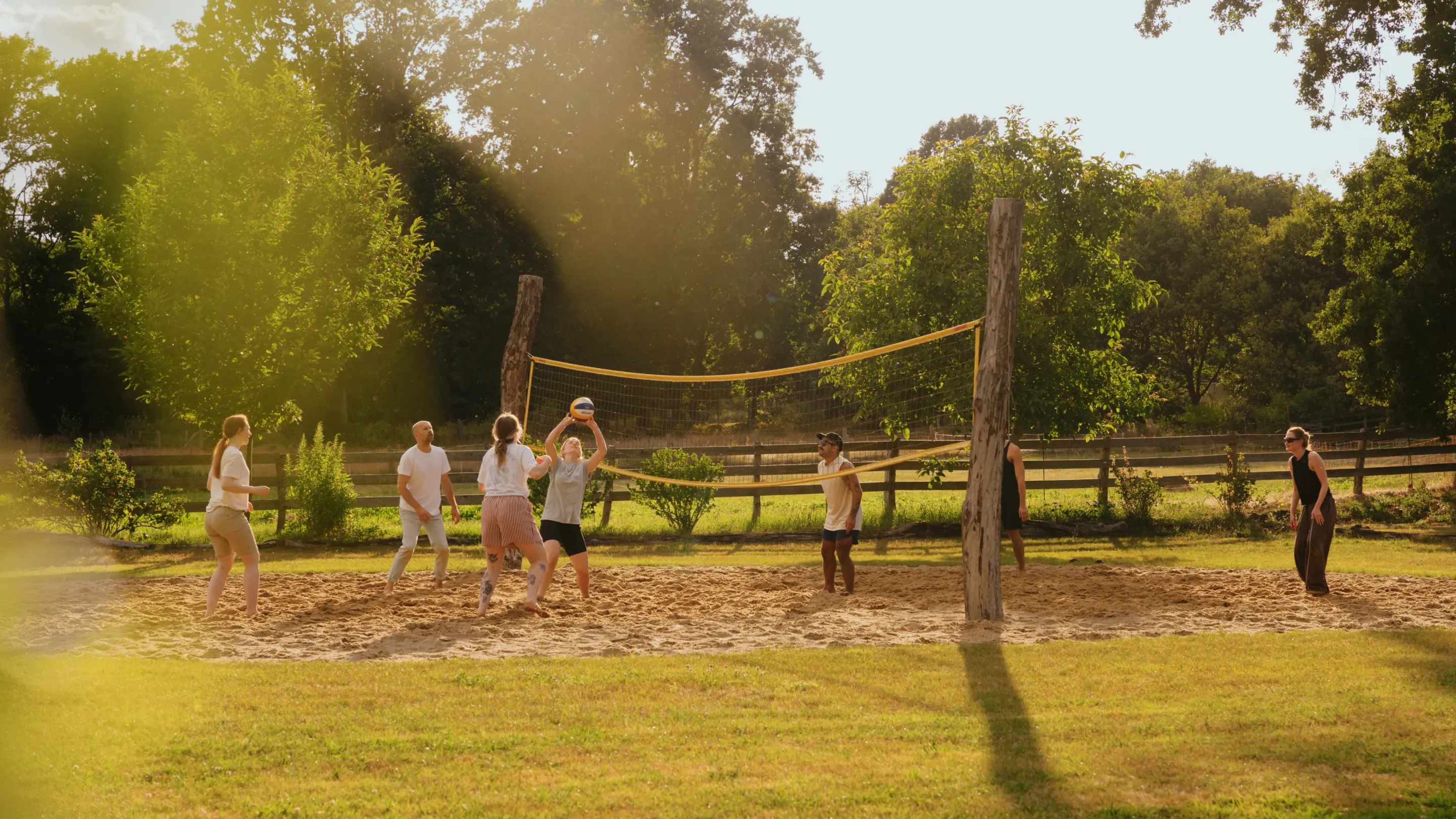Eine Gruppe von Leuten spielt Volleyball auf einem Sandplatz, umgeben von Bäumen und einem Holzzaun.