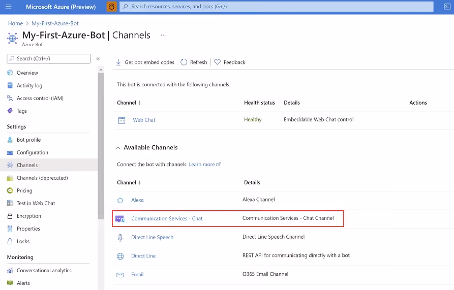 Microsoft Azure AI Bot Service Screenshot