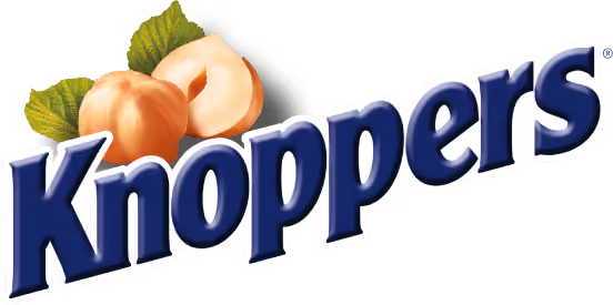 Knoppers logo with hazelnuts and green leaves above the text.