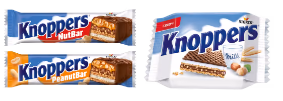 Three Knoppers bars: NutBar, PeanutBar, and Crispy Milk with visible nuts and chocolate layers.