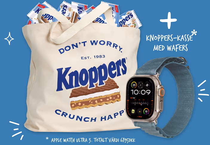 Knoppers tote bag filled with Knoppers wafers and Apple Watch Ultra 3 with blue strap on blue background.