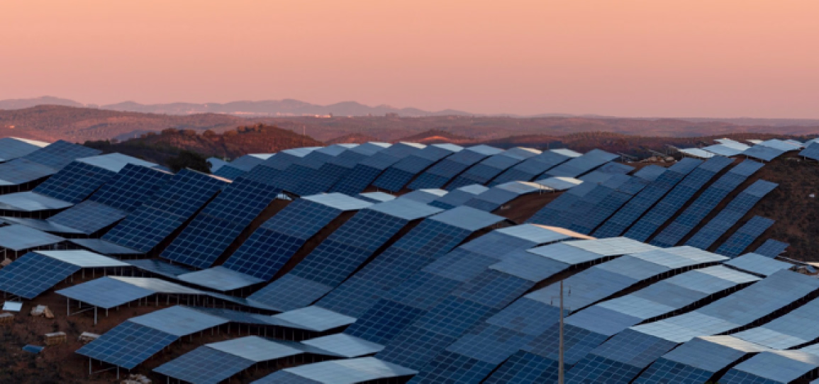 Rows of solar panels on rolling hills under a pink-orange sky at sunset.