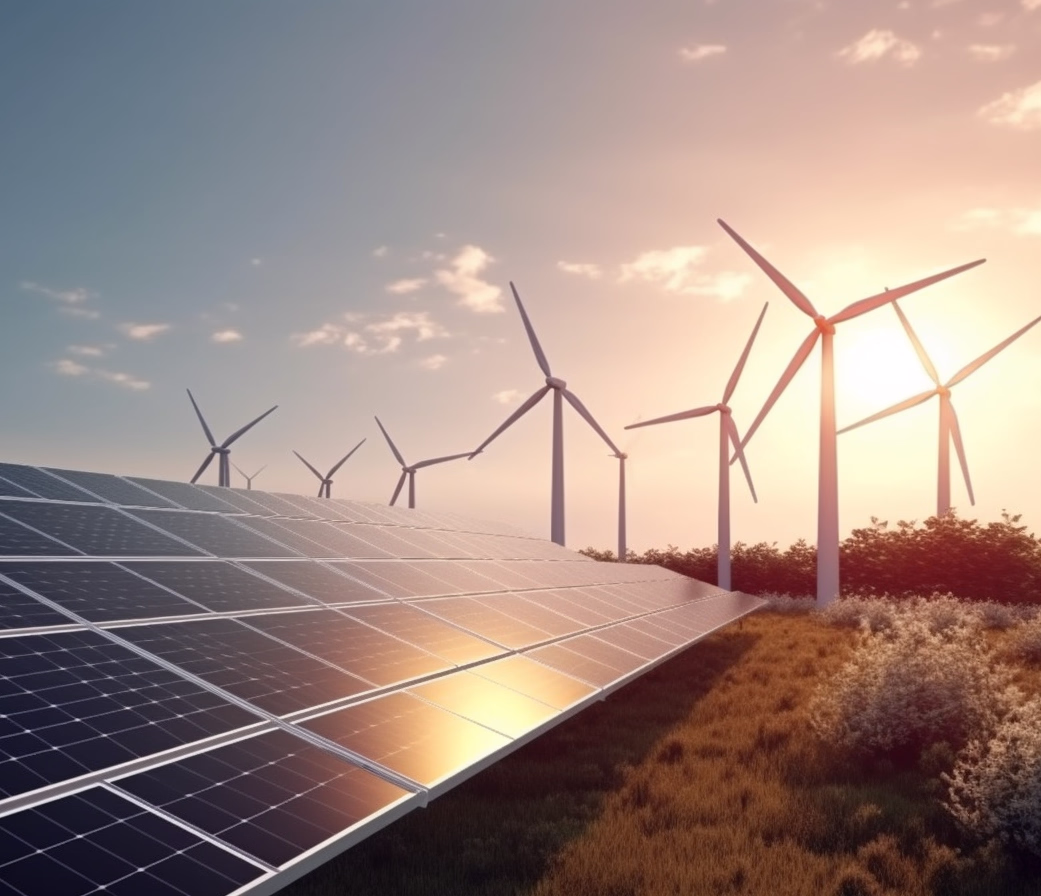 Solar panels reflecting sunlight with wind turbines in the background at sunset over grassy terrain.