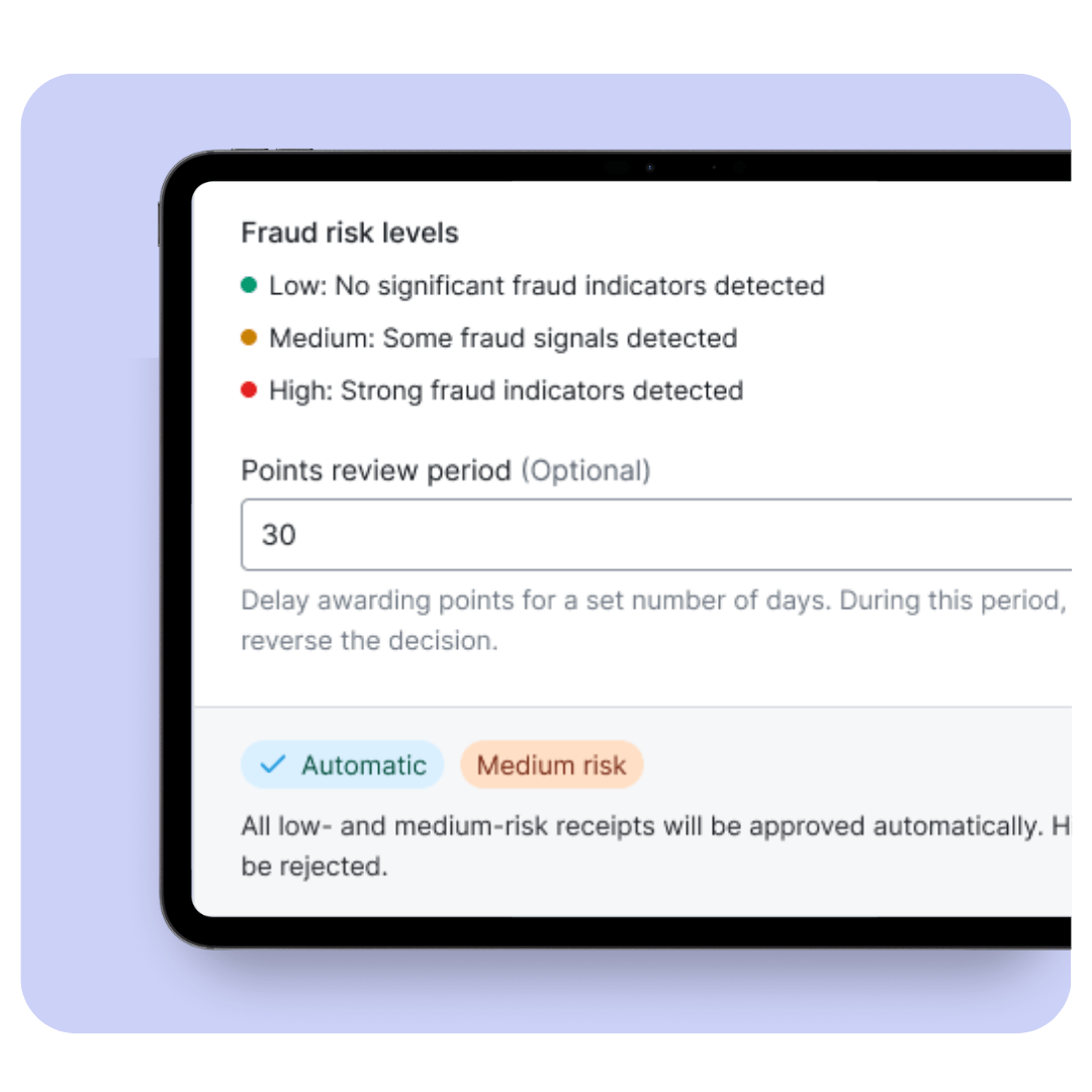 Configuring fraud risk levels and approval rules for receipt upload