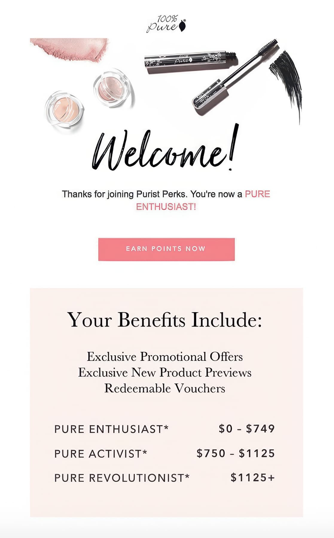 100% Pure welcome email example