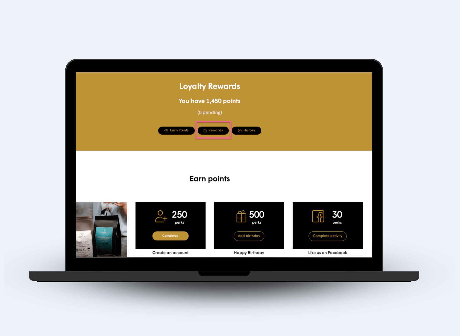 LoyaltyLion loyalty page showing a customer's 1,450 point balance and ways to earn points