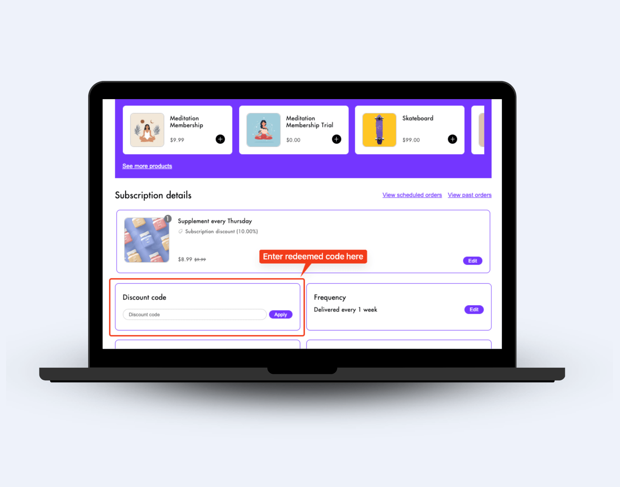 Loop subscription details page with the discount code field highlighted for entering a redeemed LoyaltyLion code