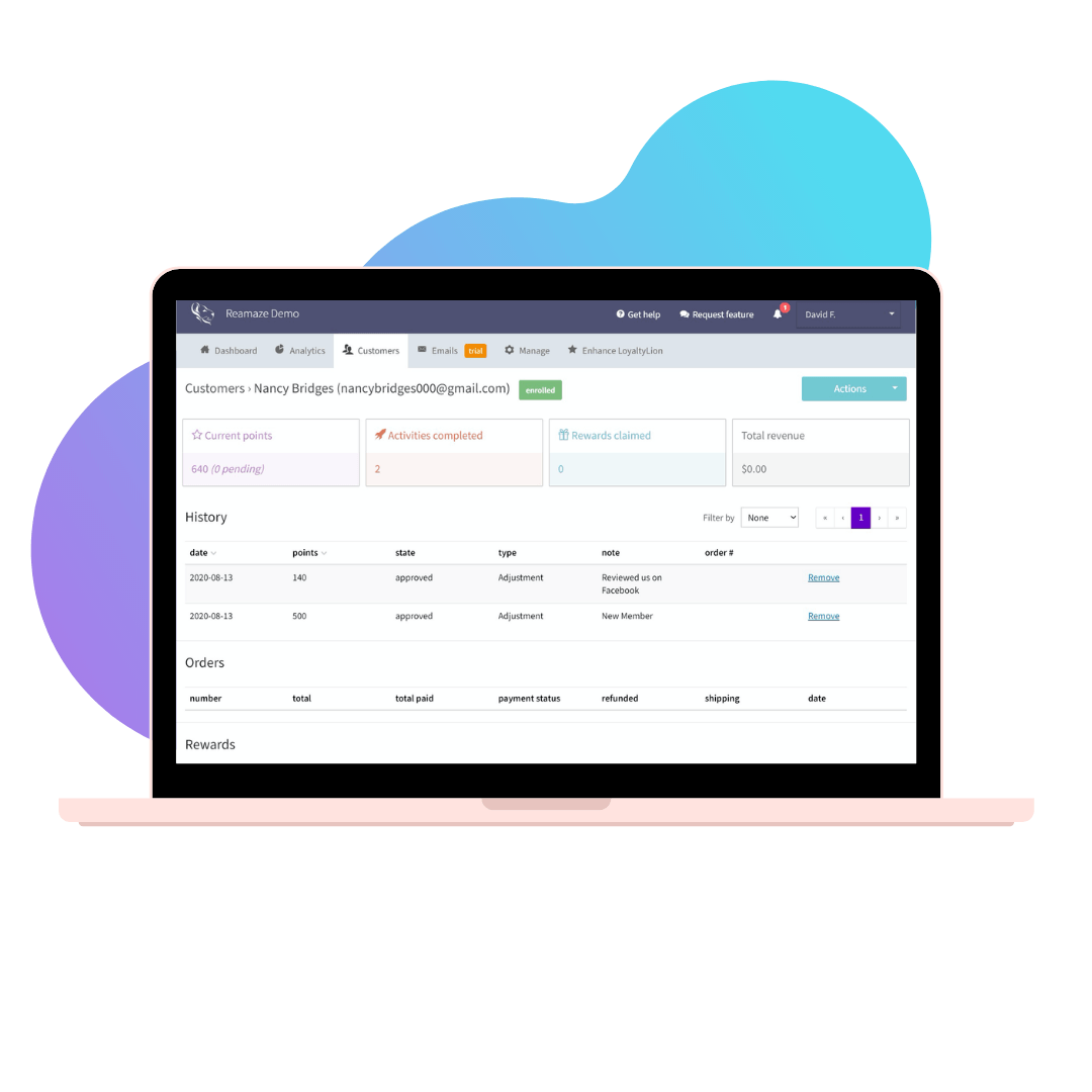 A customer's LoyaltyLion points and activity history inside a Re:amaze customer profile