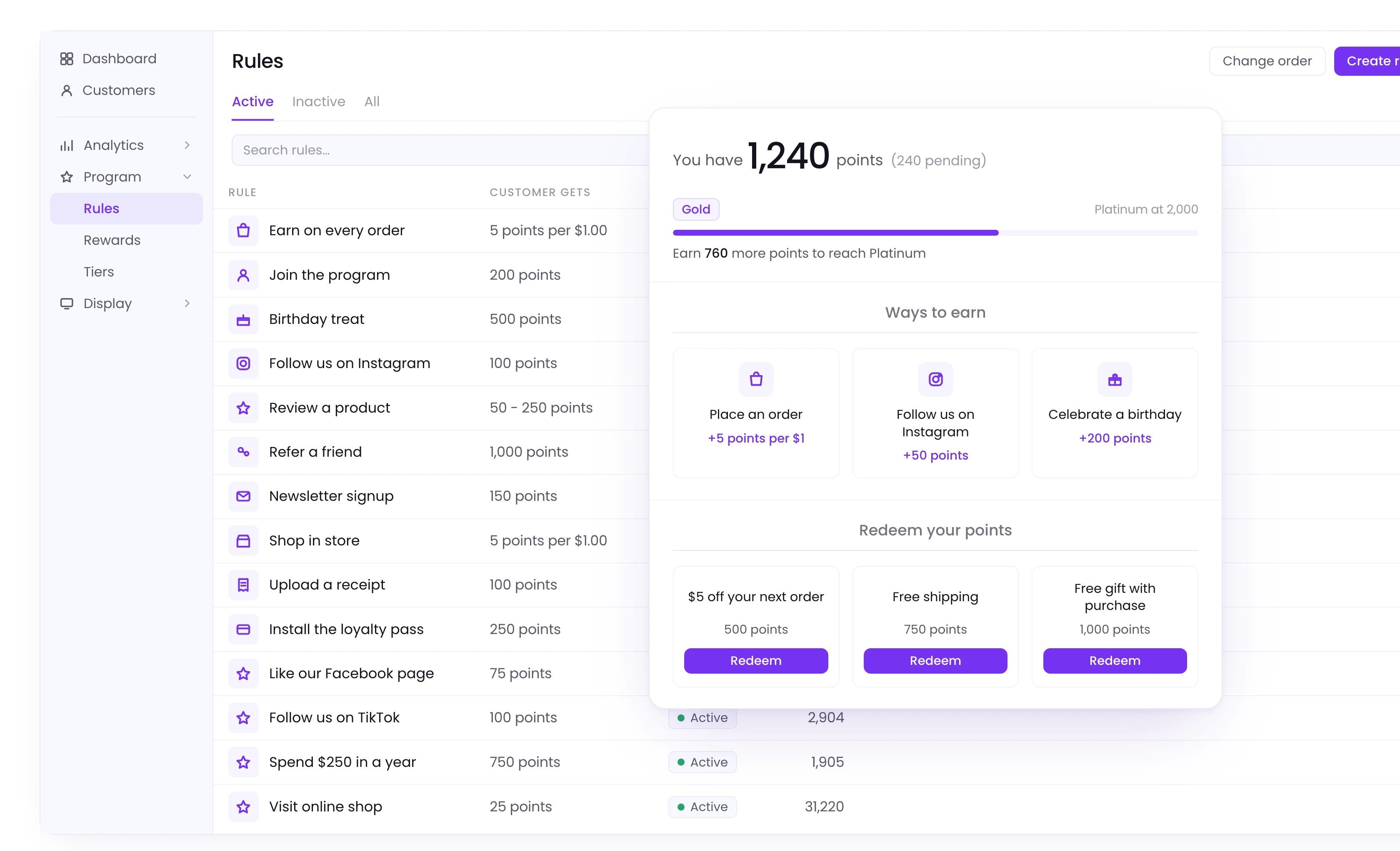 The LoyaltyLion Rules list behind a shopper's loyalty page showing a points balance, tier progress and rewards