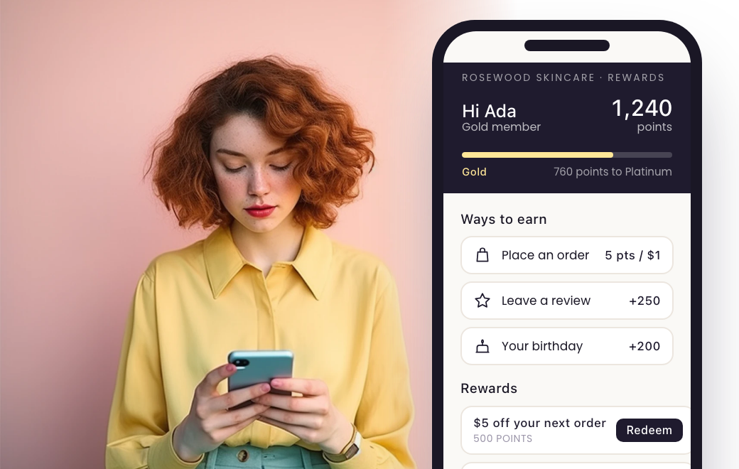 The LoyaltyLion loyalty page on a shopper's phone, beside her in a studio portrait