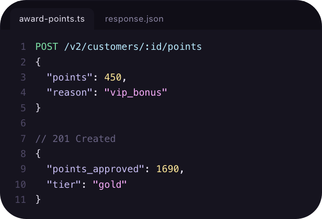 A code editor posting points to a customer through the LoyaltyLion API and the JSON it returns