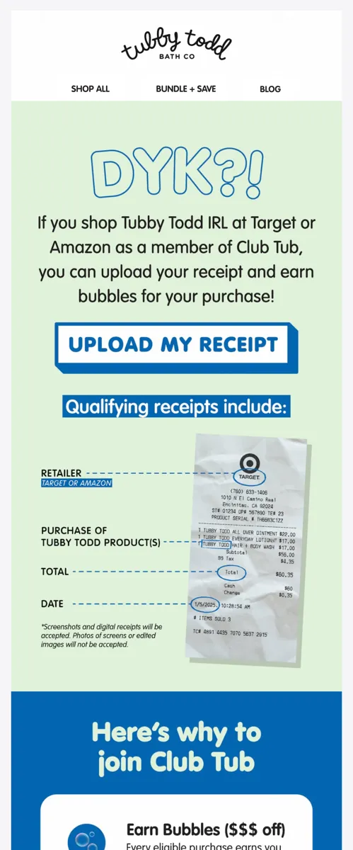 Tubby Todd email asking Club Tub members to upload their Target or Amazon receipt to earn bubbles