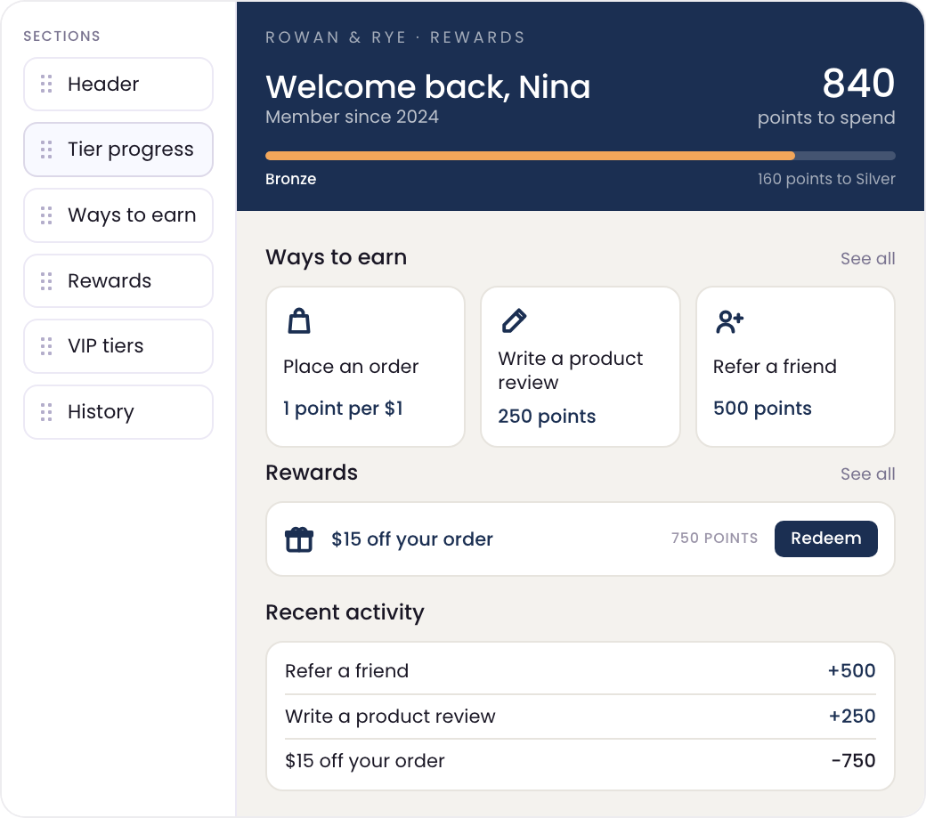A merchant's loyalty page open in the LoyaltyLion Theme Editor, with its sections listed beside it