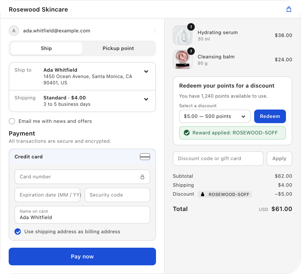 A Shopify checkout with the LoyaltyLion redemption block applying a $5.00 reward for 500 points