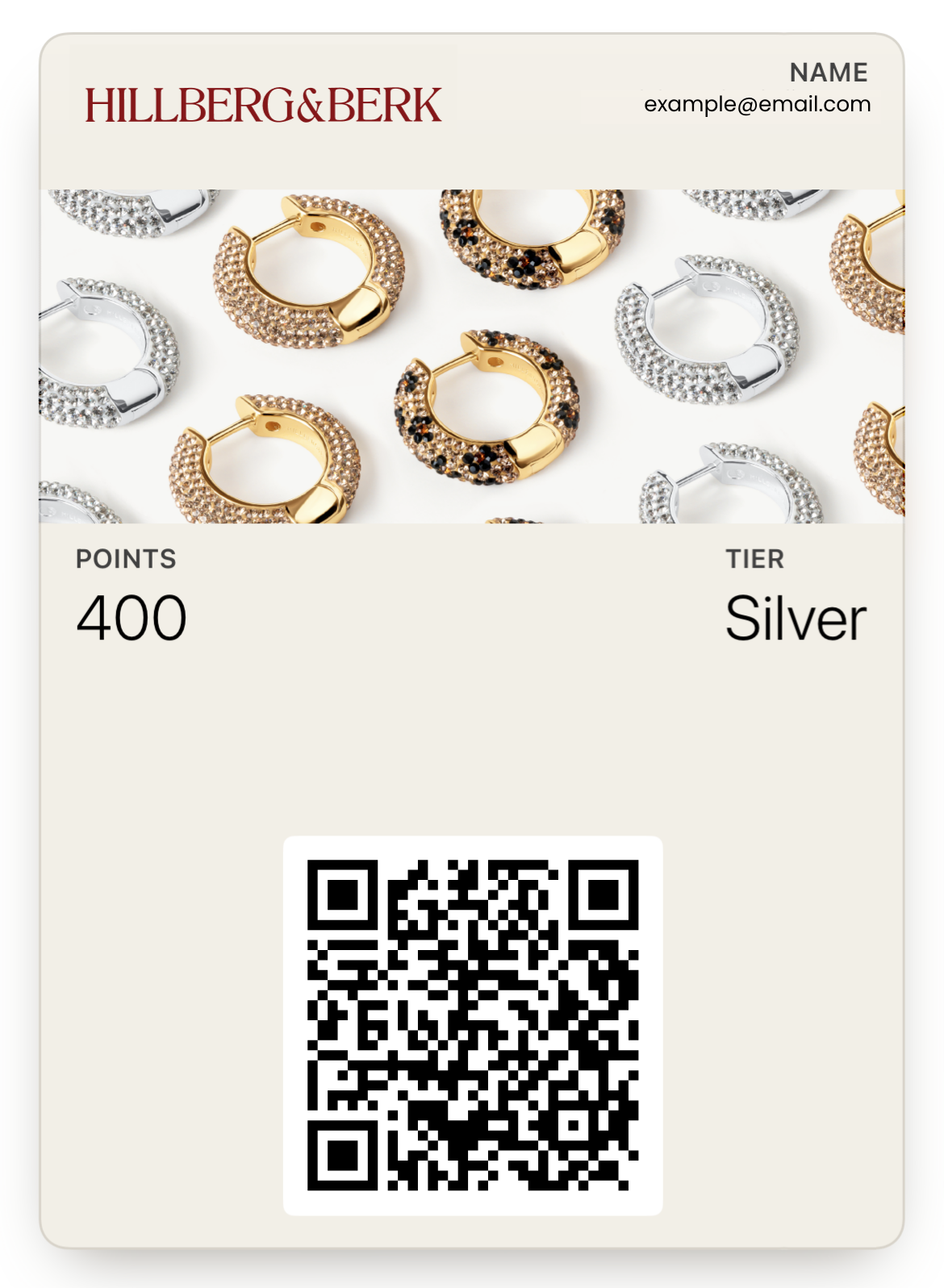 Hillberg & Berk digital loyalty pass showing points, tier, and QR code