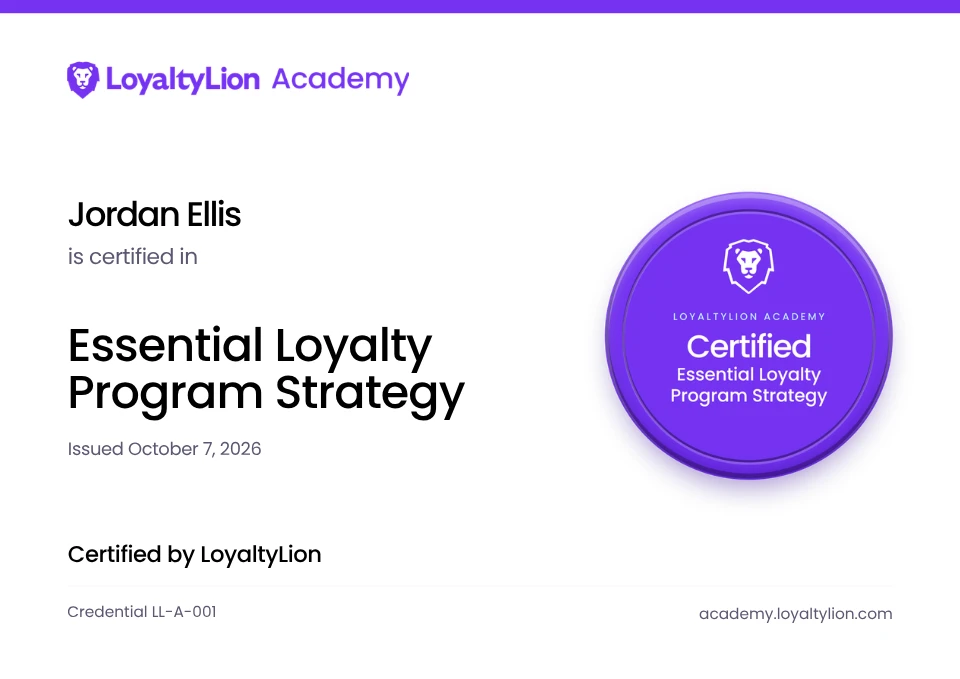 A sample LoyaltyLion Academy certificate: Jordan Ellis, Certified in Essential Loyalty Program Strategy