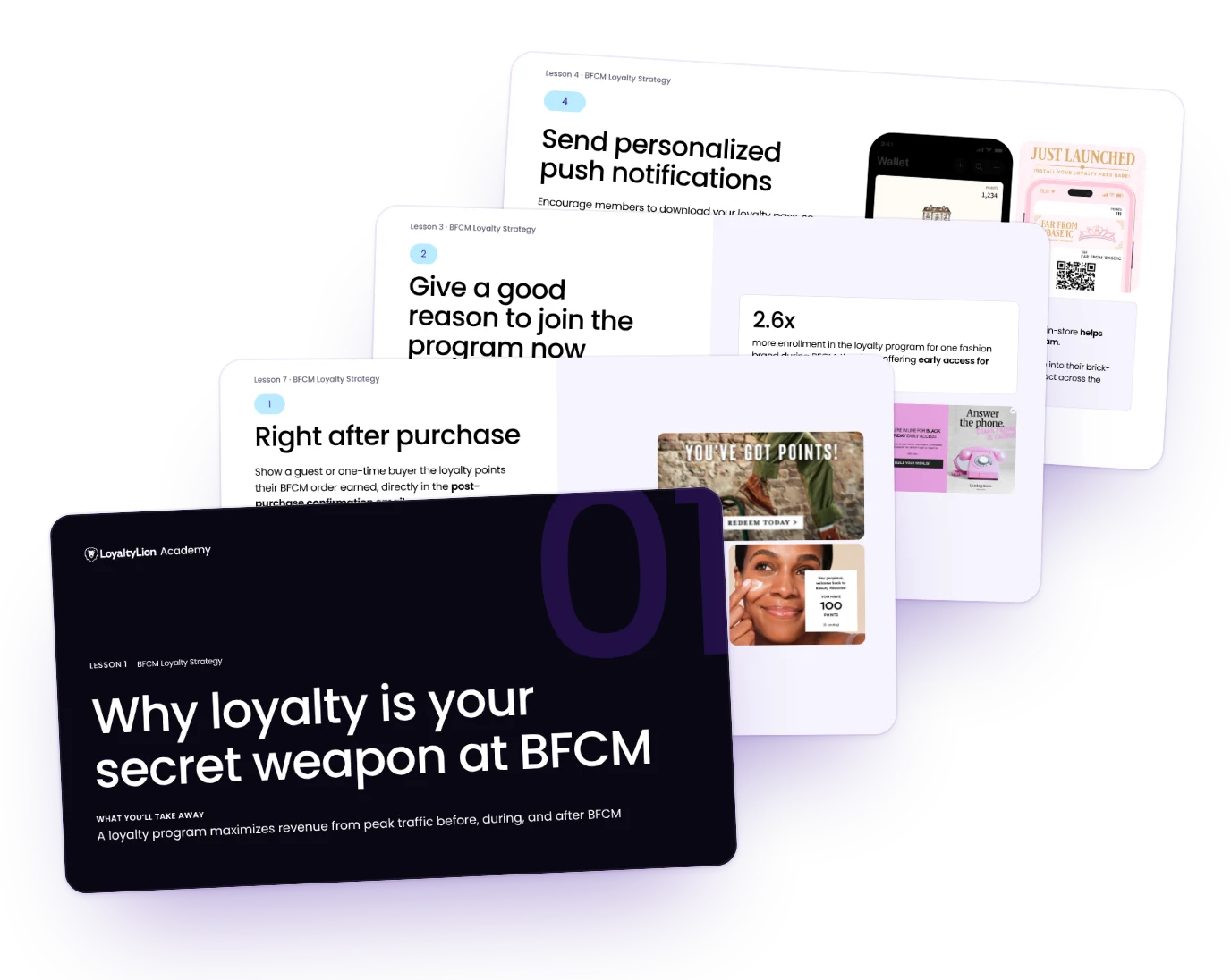 Four slides from the Black Friday Loyalty Strategy module, fanned: the lesson 1 opener, Why loyalty is your secret weapon at BFCM, in front of lessons on post-purchase comms, reasons to join before peak, and personalized push notifications