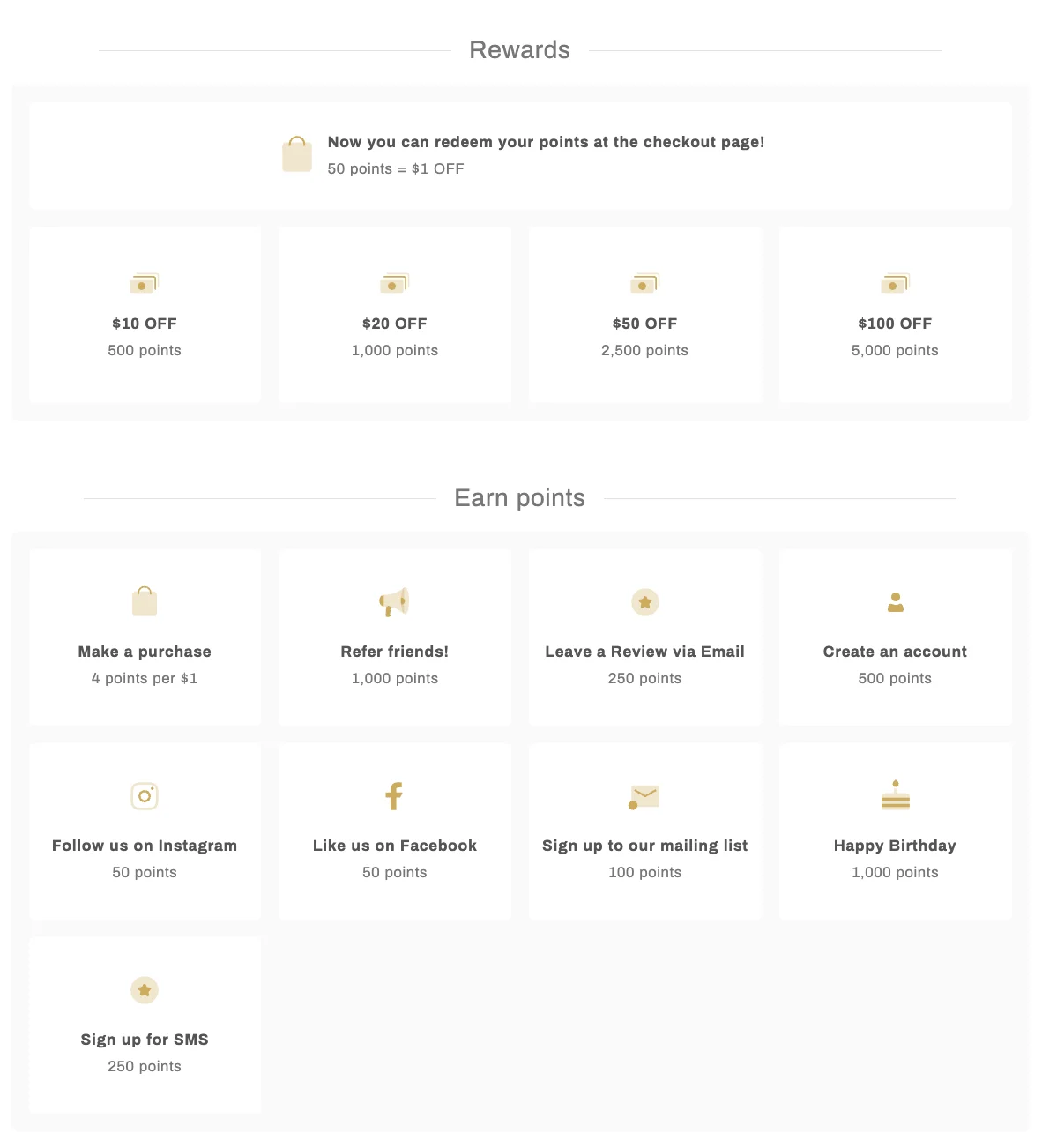 Farm Hounds loyalty page listing dollar-off rewards and the ways to earn points