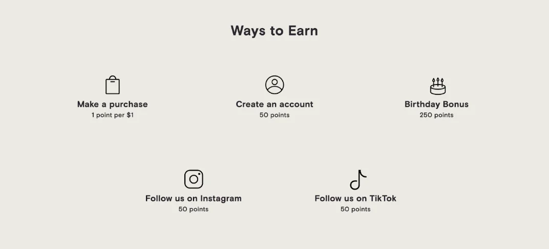 Moon Juice Ways to Earn panel: points for purchases, account creation, birthdays, Instagram and TikTok