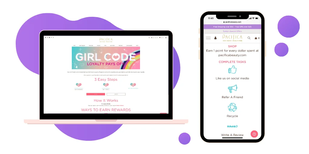 Pacifica Beauty Girl Code loyalty page on a laptop and the ways to earn rewards on a phone