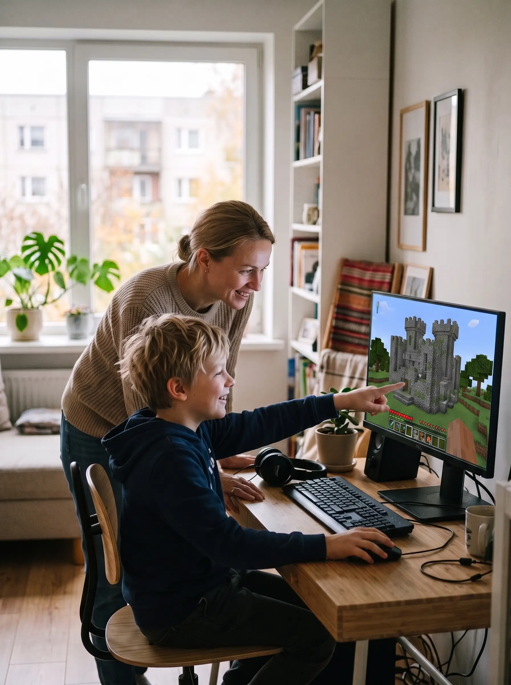 Vaikas kuria Minecraft Education aplinkoje
