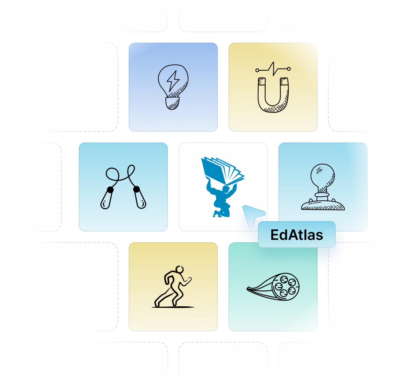 A detailed EdAtlas visual illustrating physics hero, using the organisation’s turquoise, black and light-blue design palette to support the surrounding content.