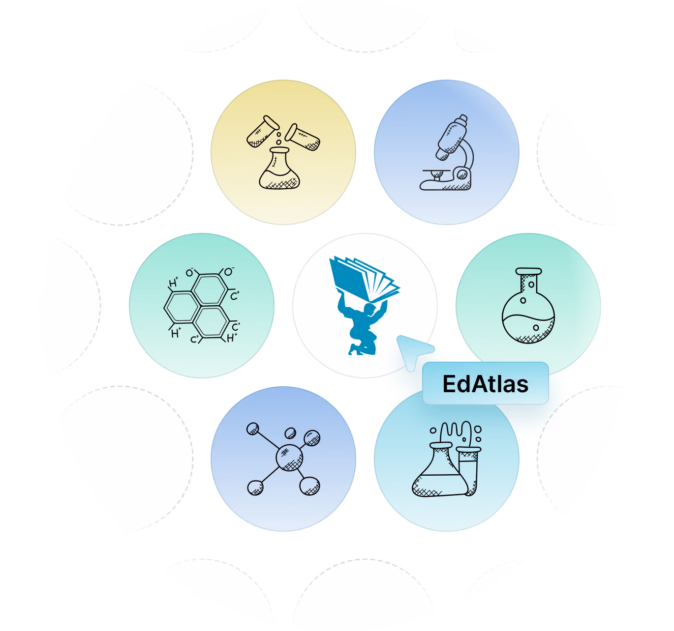 A detailed EdAtlas visual illustrating che hero, using the organisation’s turquoise, black and light-blue design palette to support the surrounding content.
