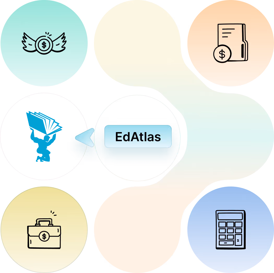 A detailed EdAtlas visual illustrating economics, using the organisation’s turquoise, black and light-blue design palette to support the surrounding content.