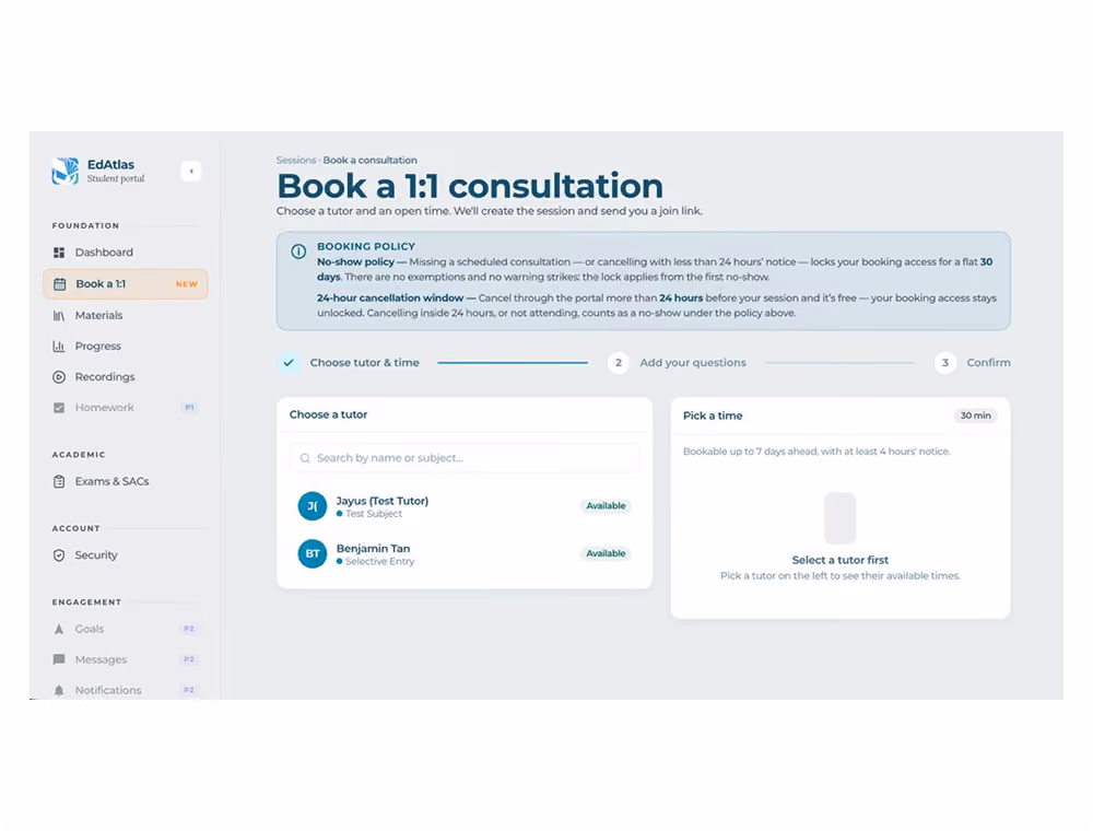 Weekly one-on-one student consultation with personalised guidance.