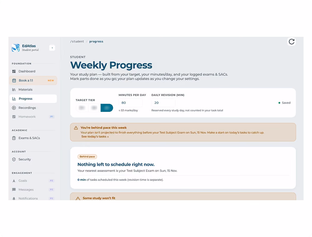 Termly progress reports tracking student performance and development.