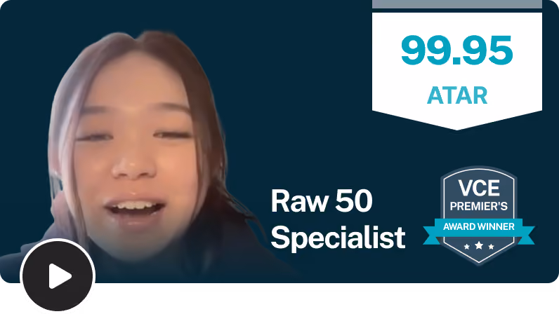 Audrey, EdAtlas student, in a video testimonial thumbnail showing a 99.95 ATAR with a Raw 50 in Specialist Maths and a VCE Premier's Award winner badge.