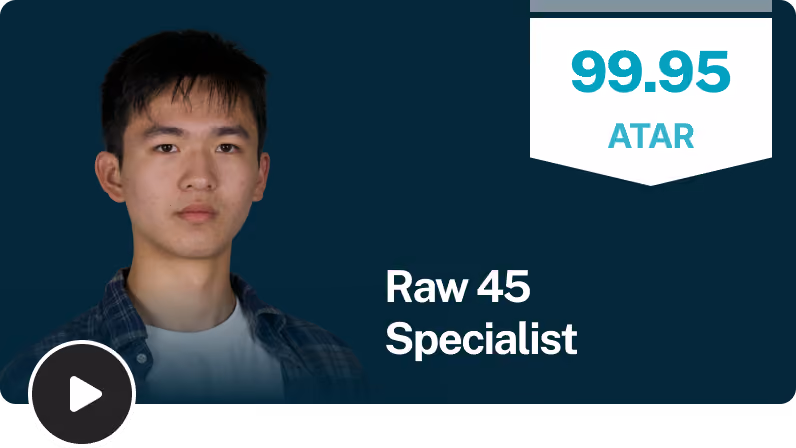 Leo, EdAtlas student, in a video testimonial thumbnail showing a 99.95 ATAR with a Raw 45 in Specialist Maths.