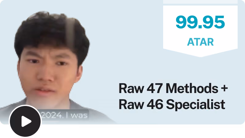 Patrick, EdAtlas student, in a video testimonial thumbnail showing a 99.95 ATAR with a Raw 47 in Maths Methods and a Raw 46 in Specialist Maths.