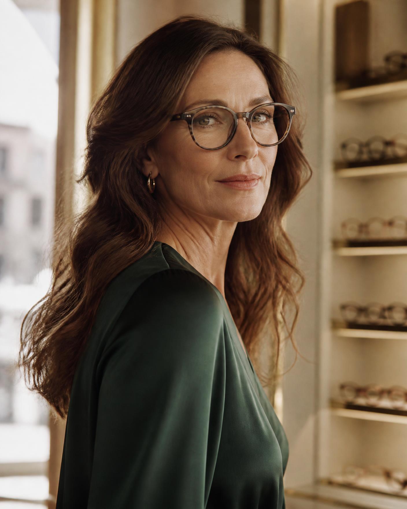 Portrait of a mature woman with long wavy brown hair wearing tortoiseshell glasses and a dark green blouse, standing indoors near shelves displaying multiple pairs of eyeglasses.